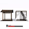 Traditional And Modern Gazebo Structures With Tile Roof Wooden Frame And White Curtains