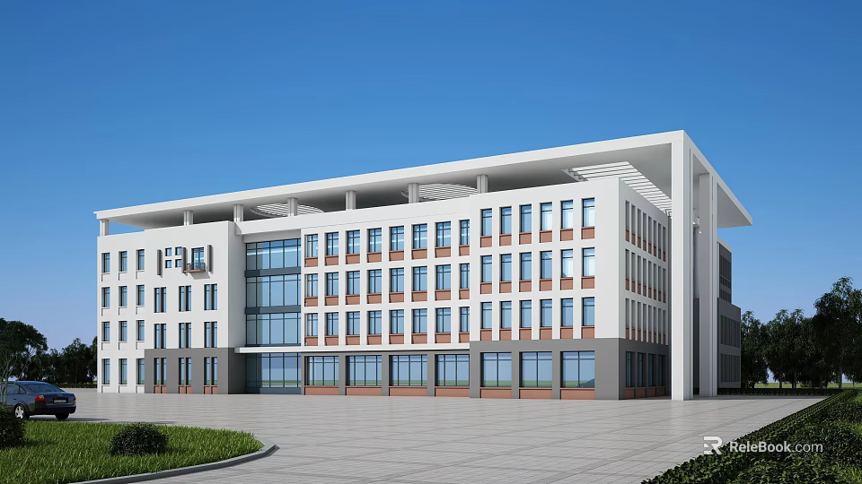 Modern Office Building With Glass Windows White Facade Spacious Front Plaza Greenery And Blue Sky 3d model 