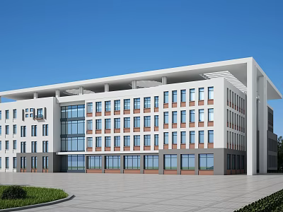 Modern Office Building With Glass Windows White Facade Spacious Front Plaza Greenery And Blue Sky 3d model