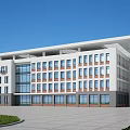 Modern Office Building With Glass Windows White Facade Spacious Front Plaza Greenery And Blue Sky