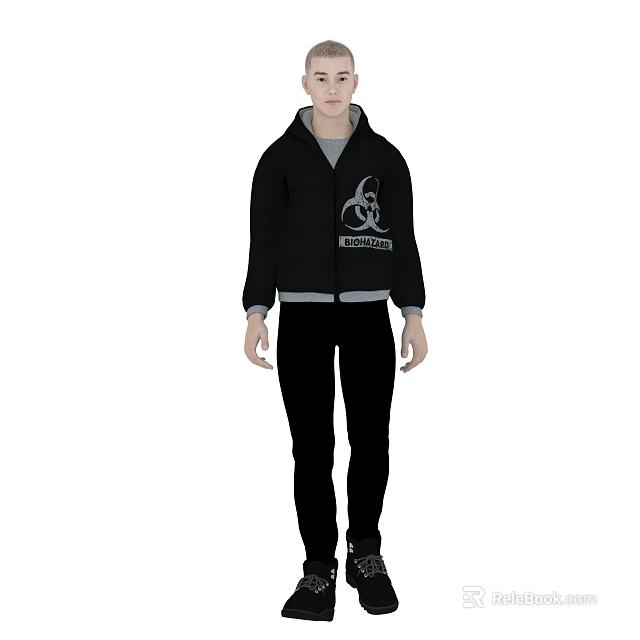 A Man Wearing Black Hoodie With Biohazard Symbol Danger Text And Black Pants 3d model 