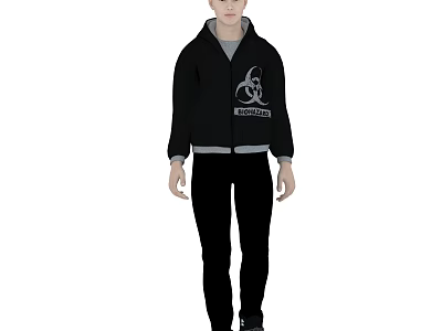 A Man Wearing Black Hoodie With Biohazard Symbol Danger Text And Black Pants 3d model
