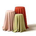 Pastel Pink Olive Green And Red Round Stools With Draped Fabric Tablecloths