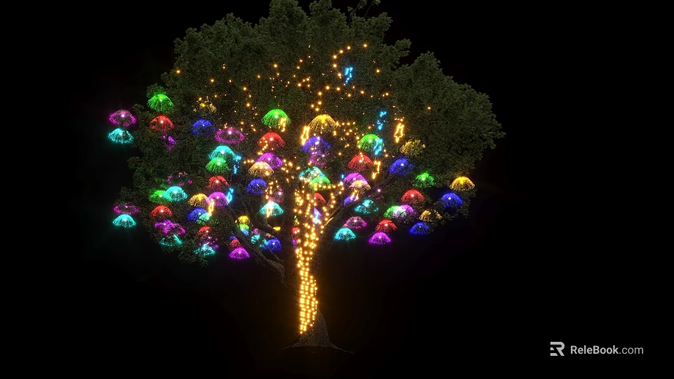 Garden Landscape Featuring Outdoor Decorated Tree With Bright Colorful Lights At Night 3d model 