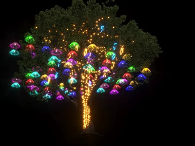 Garden Landscape Featuring Outdoor Decorated Tree With Bright Colorful Lights At Night 3d model