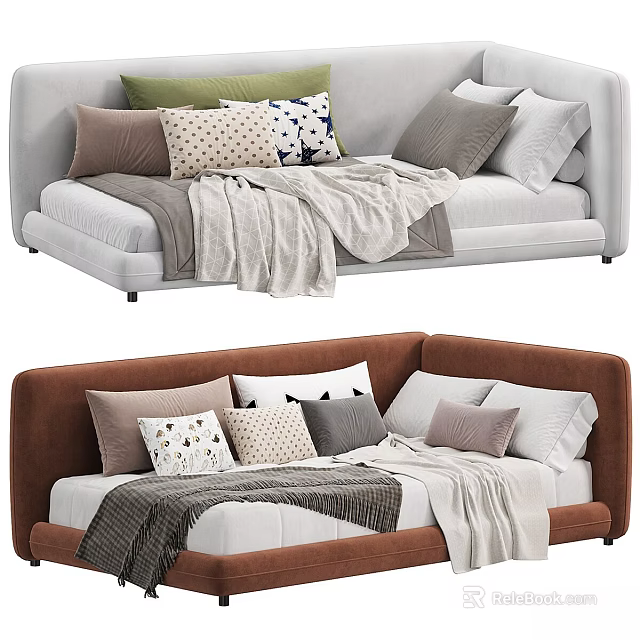 Modern Kids Bed with Patterned Pillows Soft Blanket and Upholstered Design 3d model 