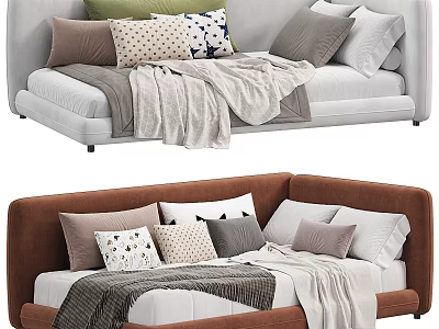 Modern Kids Bed with Patterned Pillows Soft Blanket and Upholstered Design 3d model