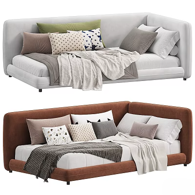 Modern Kids Bed with Patterned Pillows Soft Blanket and Upholstered Design 3d model