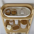 Bathroom Accessories With Wooden Shelf Gray Towels Soap Dispenser Wicker Basket And Green Plant