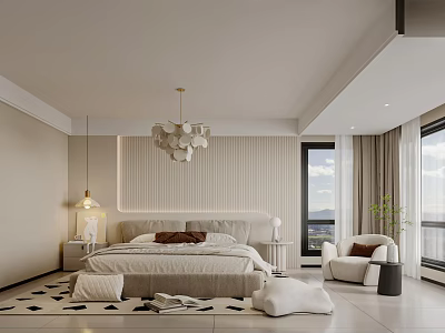 Minimalist Modern Bedroom Interior With King Bed Chandelier Nightstands And Large Windows 3d model