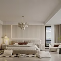 Minimalist Modern Bedroom Interior With King Bed Chandelier Nightstands And Large Windows