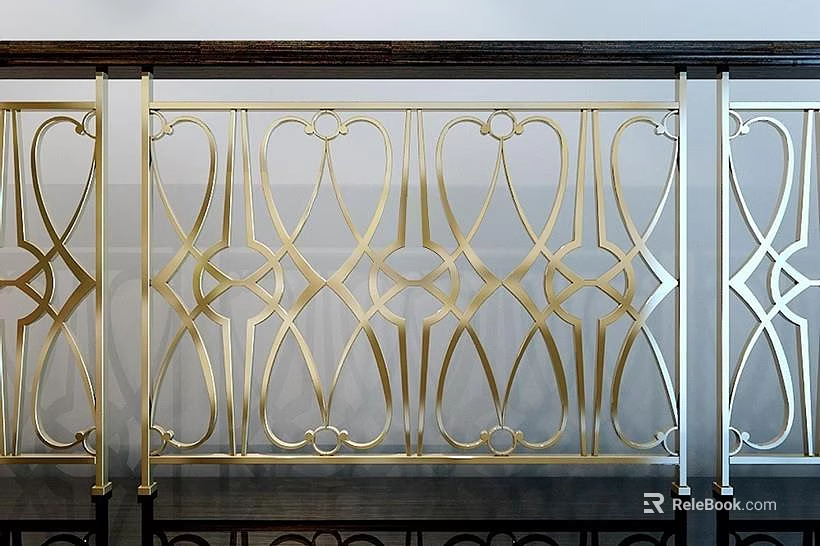 Elegant Decorative Gold And Silver Interior Railing With Intricate Geometric Patterns 3d model 