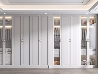 Modern White Built-in Wardrobe with Glass Doors and Clothing Storage Space 3d model