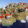 Cartoon Scene of Island with Castle and Village Small Houses Trees Rocks and Blue Water