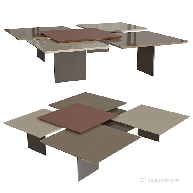 Modern Coffee Table With Geometric Multilayered Brown And Gray Tops And Metal Legs 3d model