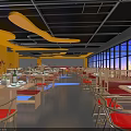 Modern Restaurant Interior Design With Tables Chairs Bar Counter Lighting And Large Windows
