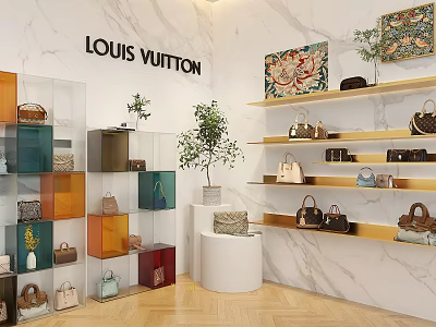 Louis Vuitton Interior Featuring White Marble Walls Colorful Glass Cabinets Golden Shelves Bags Green Plants 3d model
