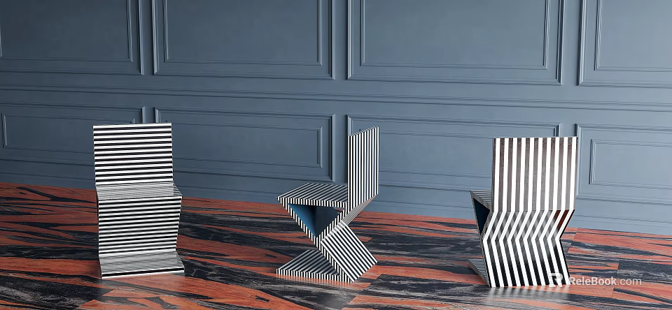 Modern Geometric Single Chair With Black White Stripes Against Blue Paneled Wall And Marble Floor 3d model 