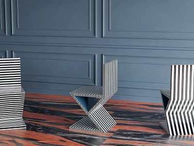 Modern Geometric Single Chair With Black White Stripes Against Blue Paneled Wall And Marble Floor 3d model