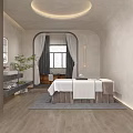 Serene SPA Sauna Interior with Massage Bed Wooden Elements Curtains Window Plant and Lighting