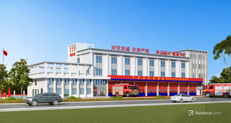 Modern Fire Station Building Exterior With 119 Sign Fire Truck Parked Vehicles And Lawn 3d model 