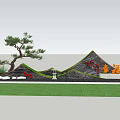 Scenic Wall Design with Mountain Shaped Structure Pine Tree Red Characters and Lawn 3d model