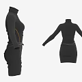 Black High Neck Long Sleeve Dress With Waist Belt And Yellow Lines