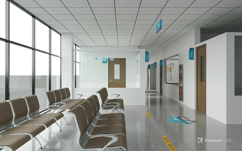 Modern Hospital Outpatient Clinic Waiting Area With Seating Signage And Corridor 3d model 