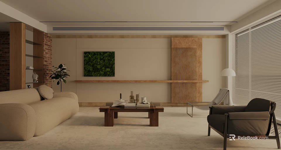 Modern Living Room Interior With Beige Sofa Wooden Coffee Table And Green Plant Wall 3d model 