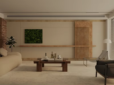 Modern Living Room Interior With Beige Sofa Wooden Coffee Table And Green Plant Wall 3d model