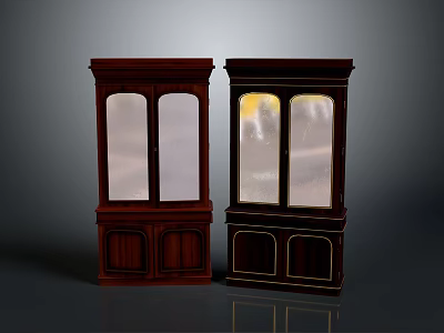 Classic Dark Wooden Display Cabinets With Glass Doors And Decorative Trim Details 3d model