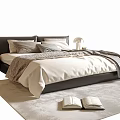 Modern Double Bed With White Duvet Patterned Blanket Pillows And Open Book On Soft Rug