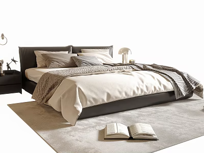 Modern Double Bed With White Duvet Patterned Blanket Pillows And Open Book On Soft Rug 3d model