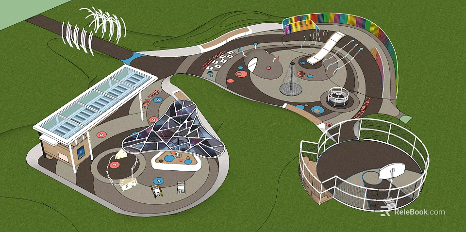 Modern Playground Design With Colorful Structures Slides Curved Paths And Seating Areas 3d model