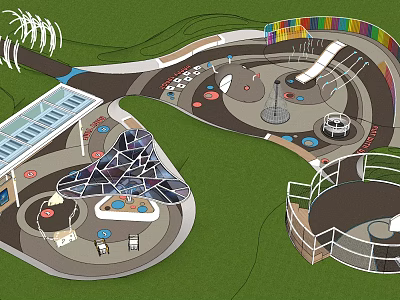 Modern Playground Design With Colorful Structures Slides Curved Paths And Seating Areas 3d model