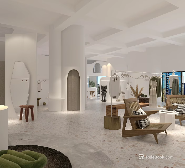 Modern Clothing Store Interior With White Hanging Racks Decorative Plants And Wooden Seats 3d model 