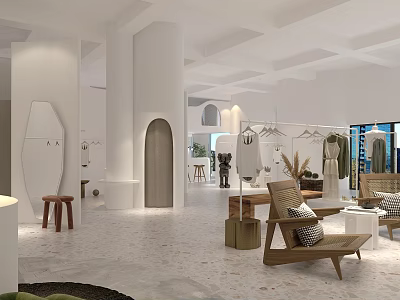 Modern Clothing Store Interior With White Hanging Racks Decorative Plants And Wooden Seats 3d model
