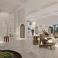 Modern Clothing Store Interior With White Hanging Racks Decorative Plants And Wooden Seats