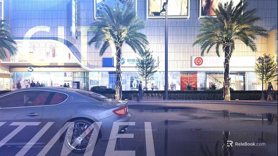 Modern Commercial Street with Palm Trees Modern Buildings Shops Cars and Pedestrians 3d model 