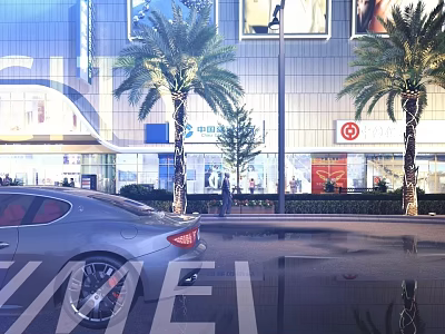 Modern Commercial Street with Palm Trees Modern Buildings Shops Cars and Pedestrians 3d model