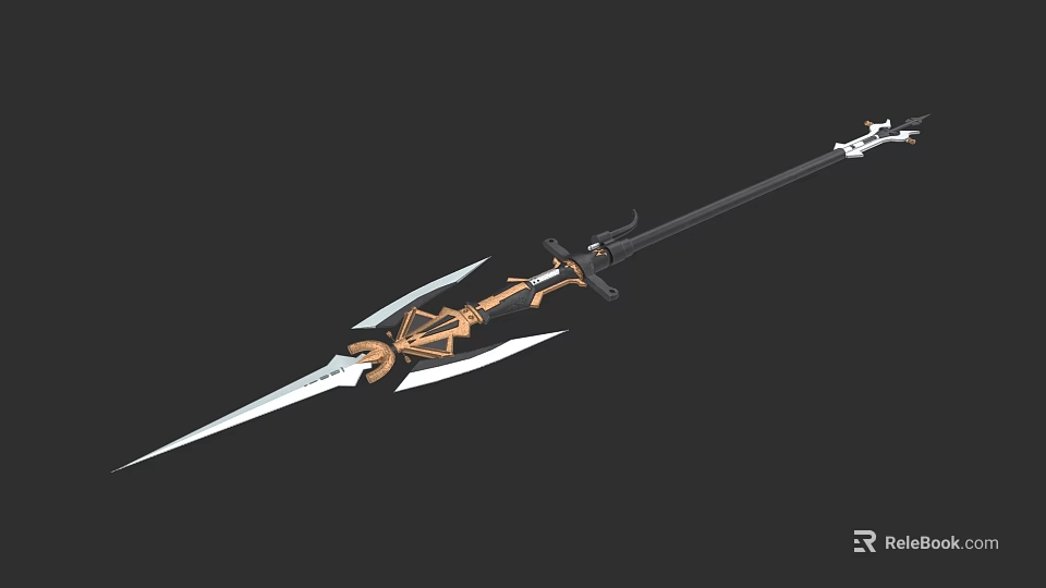 Ornate Decorative Weapon Featuring Golden Accents Sharp Blades And Intricate Handle 3d model 