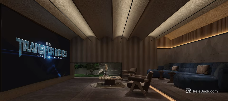 Modern Home Theater Interior With Large Screen Wooden Walls Comfortable Sofas And Lighting Design 3d model 
