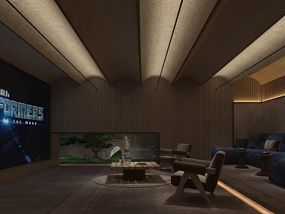 Modern Home Theater Interior With Large Screen Wooden Walls Comfortable Sofas And Lighting Design 3d model