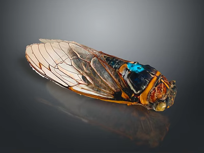 Cicada Exuvia With Transparent Wings Blue Spots And Detailed Texture On Dark Background 3d model