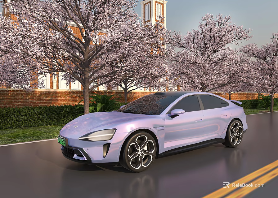 Light Purple Coupe Parked On Street With Cherry Blossom Trees And Red Brick Clock Tower 3d model 
