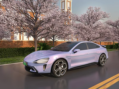 Light Purple Coupe Parked On Street With Cherry Blossom Trees And Red Brick Clock Tower 3d model