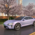 Light Purple Coupe Parked On Street With Cherry Blossom Trees And Red Brick Clock Tower
