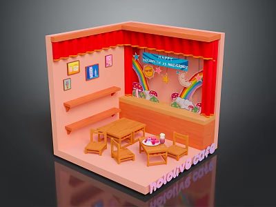 Handmade Teaching Corner Scene With Red Curtains Wall Paintings Rainbow Backdrop Tables And Chairs 3d model