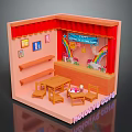 Handmade Teaching Corner Scene With Red Curtains Wall Paintings Rainbow Backdrop Tables And Chairs