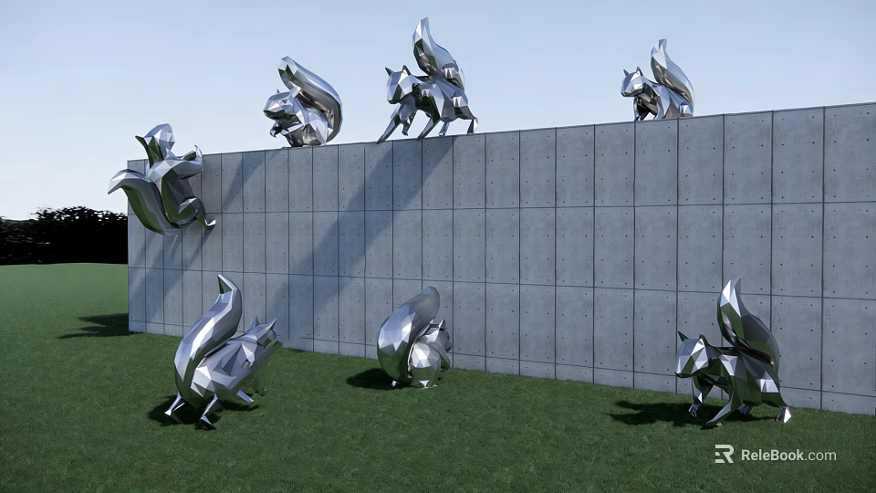 Silver Animal Landscape Sculptures On Gray Concrete Wall And Green Grass With Modern Metal Style 3d model 